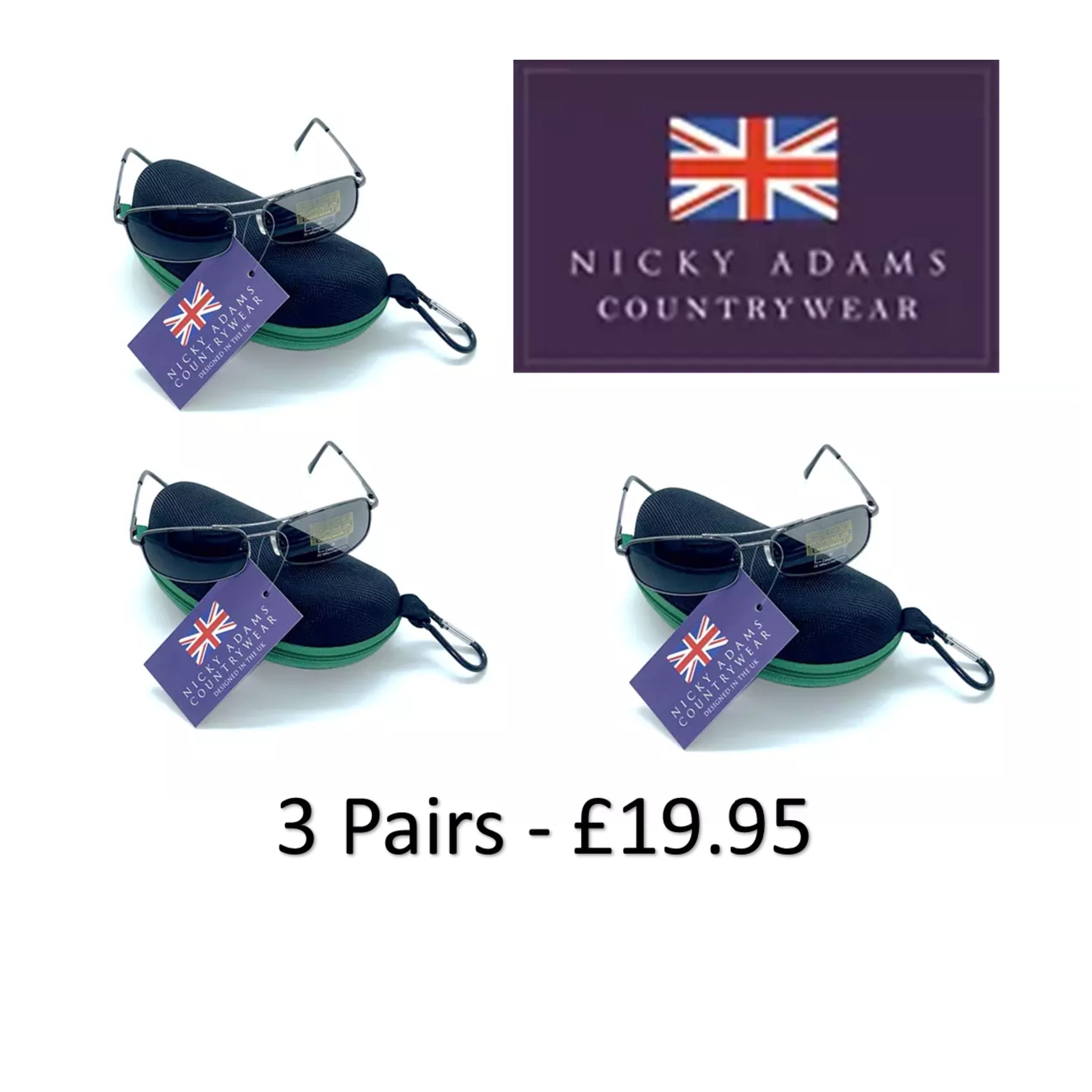 Men's rectangular metal frame sunglasses with black lenses including hard zip case by Nicky Adams Countrywear